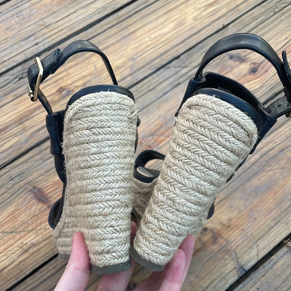 Black Espadrille Wedge Ankle Sandals